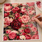 Diamond painting process for garden of blushing roses.