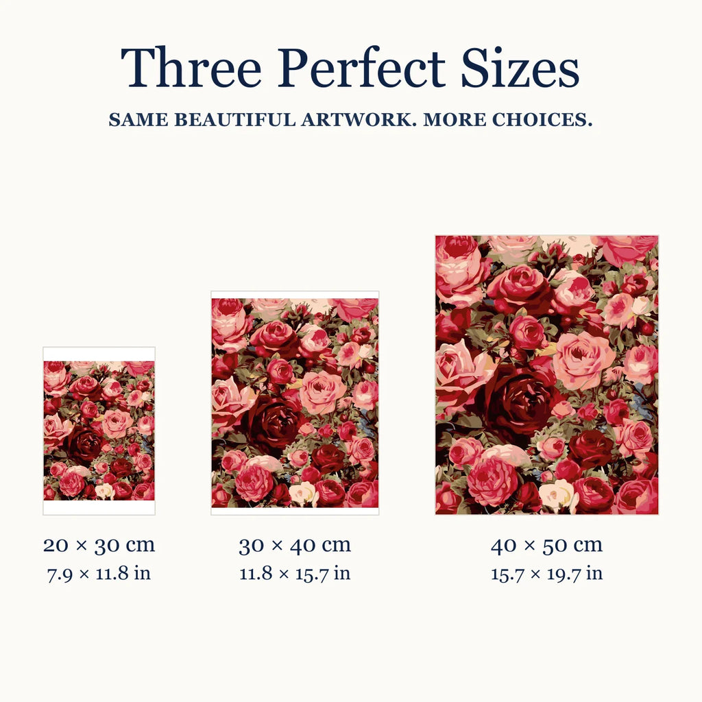 Size guide for Garden of Blushing Roses Diamond Painting Kit: 20 × 30 cm, 30 × 40 cm, and 40 × 50 cm.