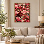 Home decor scene showing garden of blushing roses displayed on a wall.