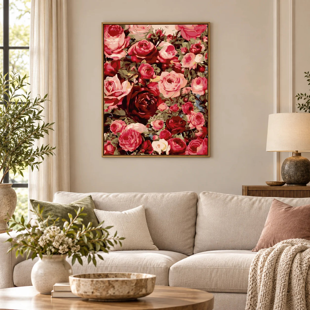 Home decor scene showing garden of blushing roses displayed on a wall.