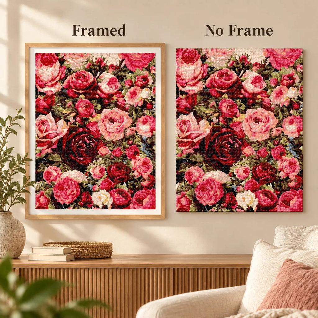 Framed and no-frame comparison for Garden of Blushing Roses Diamond Painting Kit.
