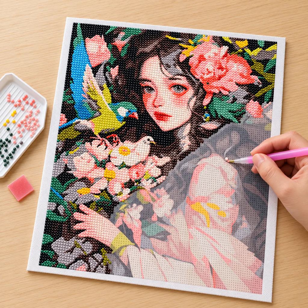 Diamond painting process for garden of quiet companions.
