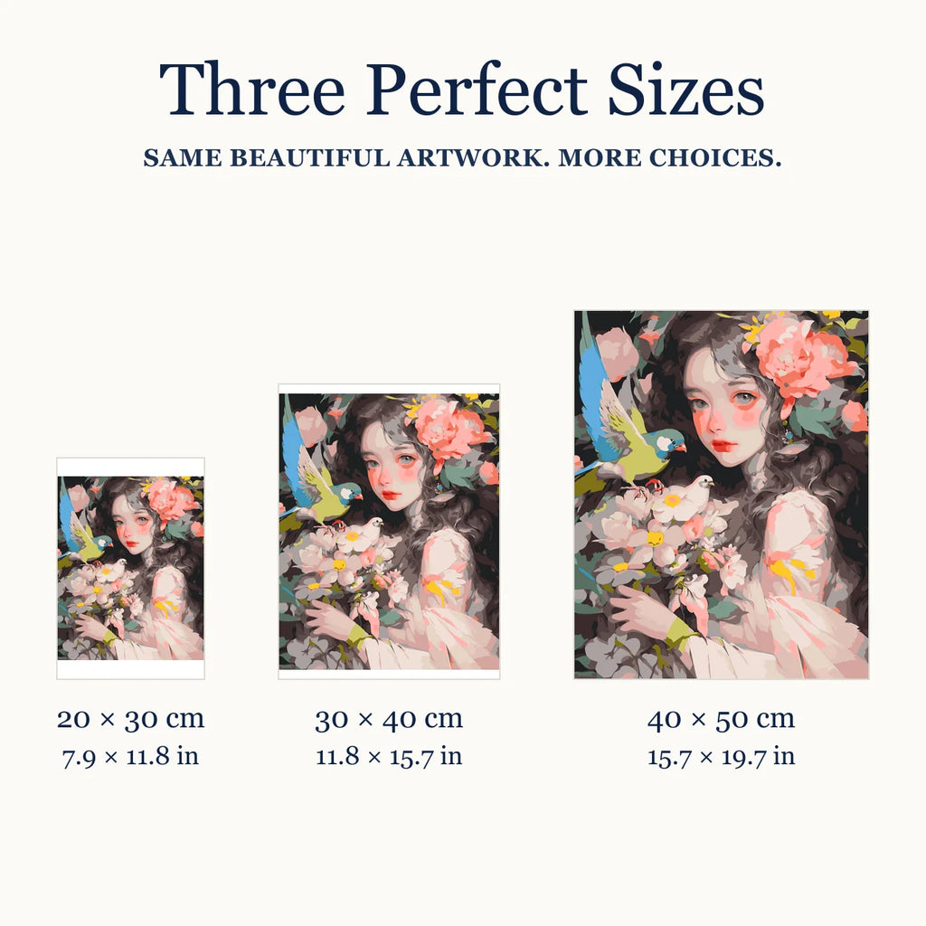 Size guide for Garden of Quiet Companions Diamond Painting Kit: 20 × 30 cm, 30 × 40 cm, and 40 × 50 cm.