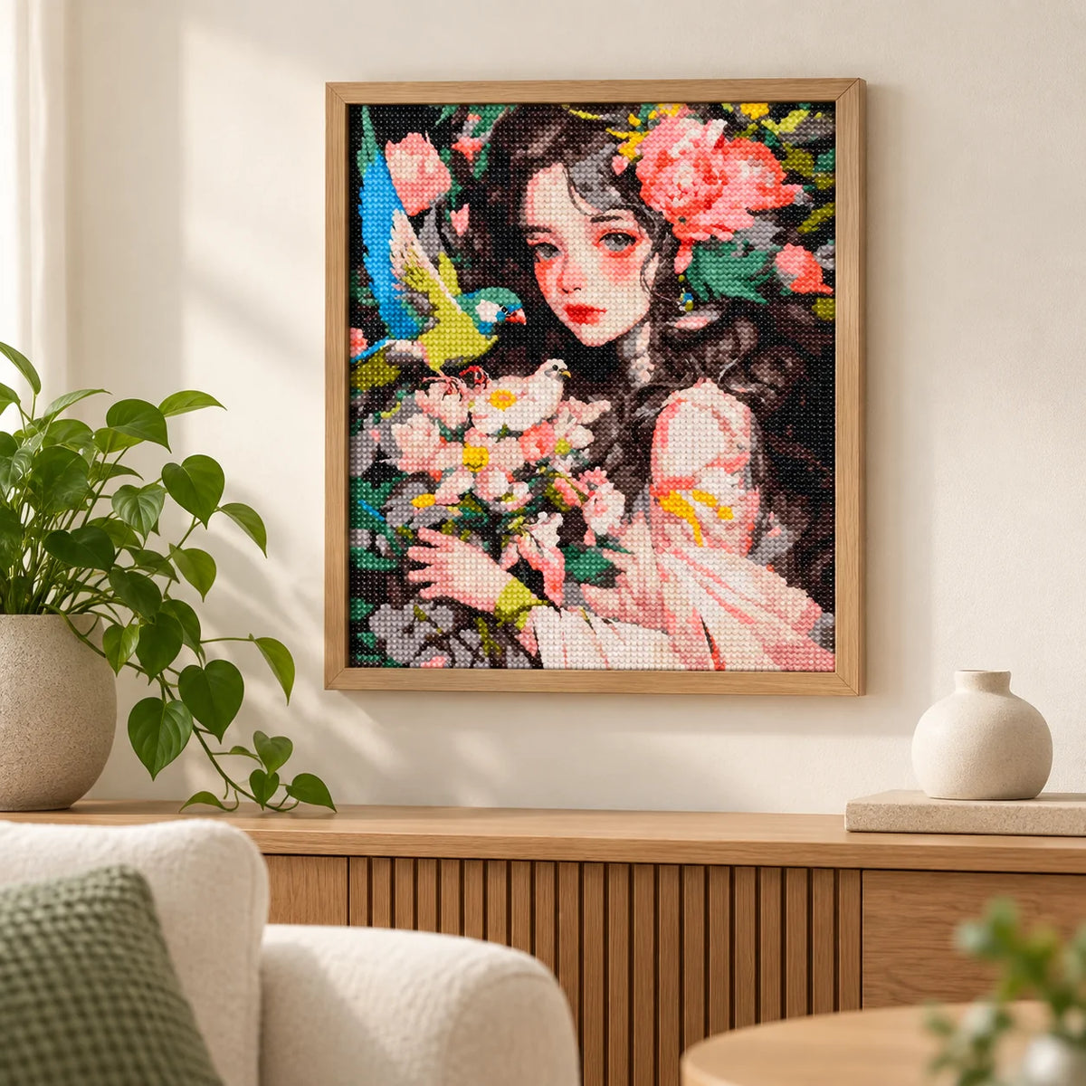 Home decor scene showing garden of quiet companions displayed on a wall.