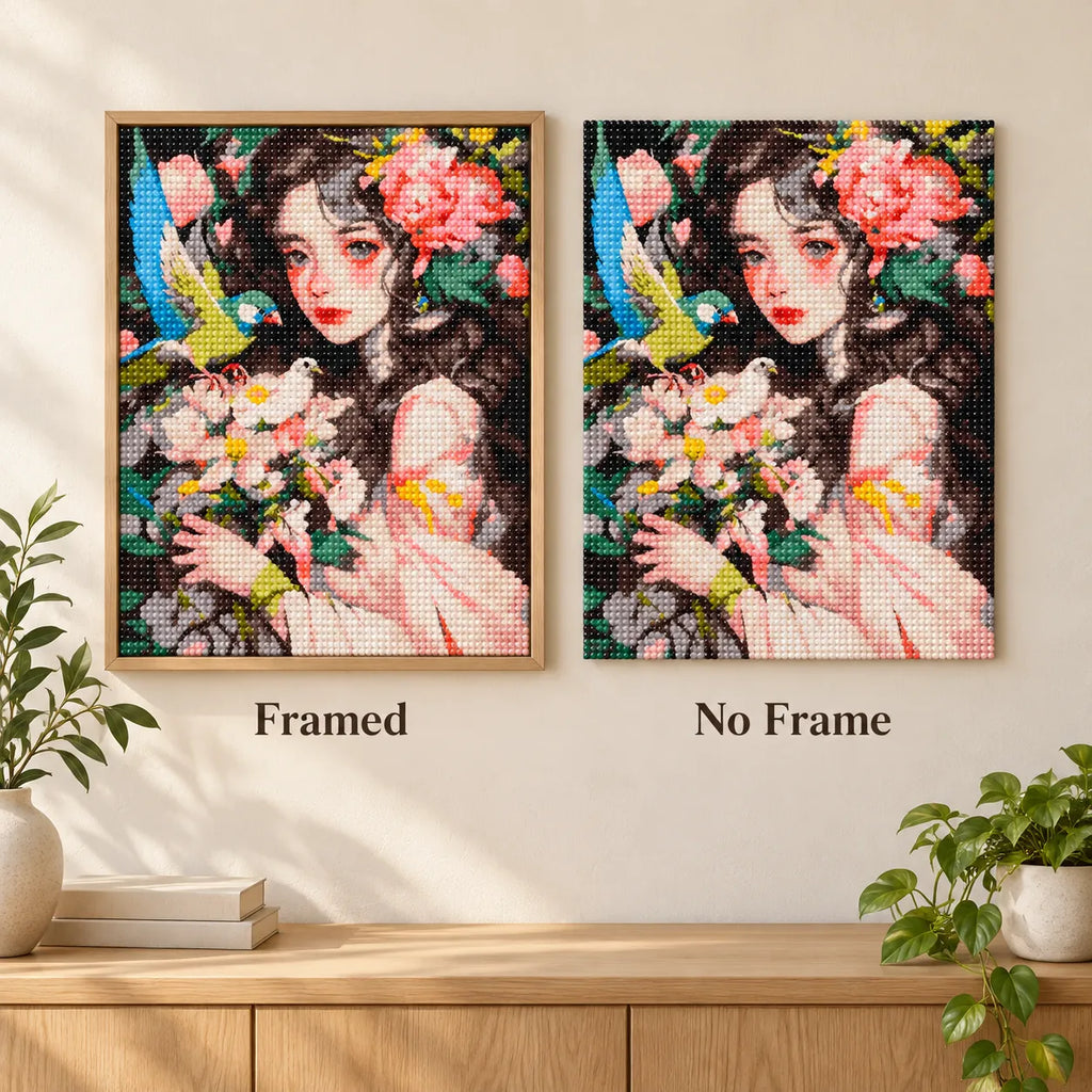 Framed and no-frame comparison for Garden of Quiet Companions Diamond Painting Kit.