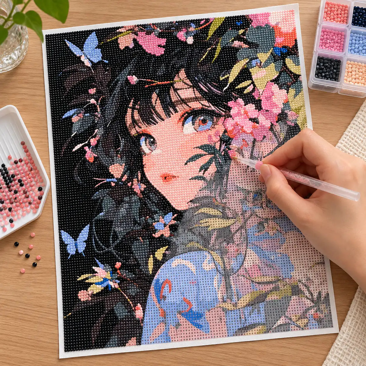 Diamond painting process for garden of quiet eyes.