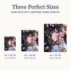 Size guide for Garden of Quiet Eyes Diamond Painting Kit: 20 × 30 cm, 30 × 40 cm, and 40 × 50 cm.
