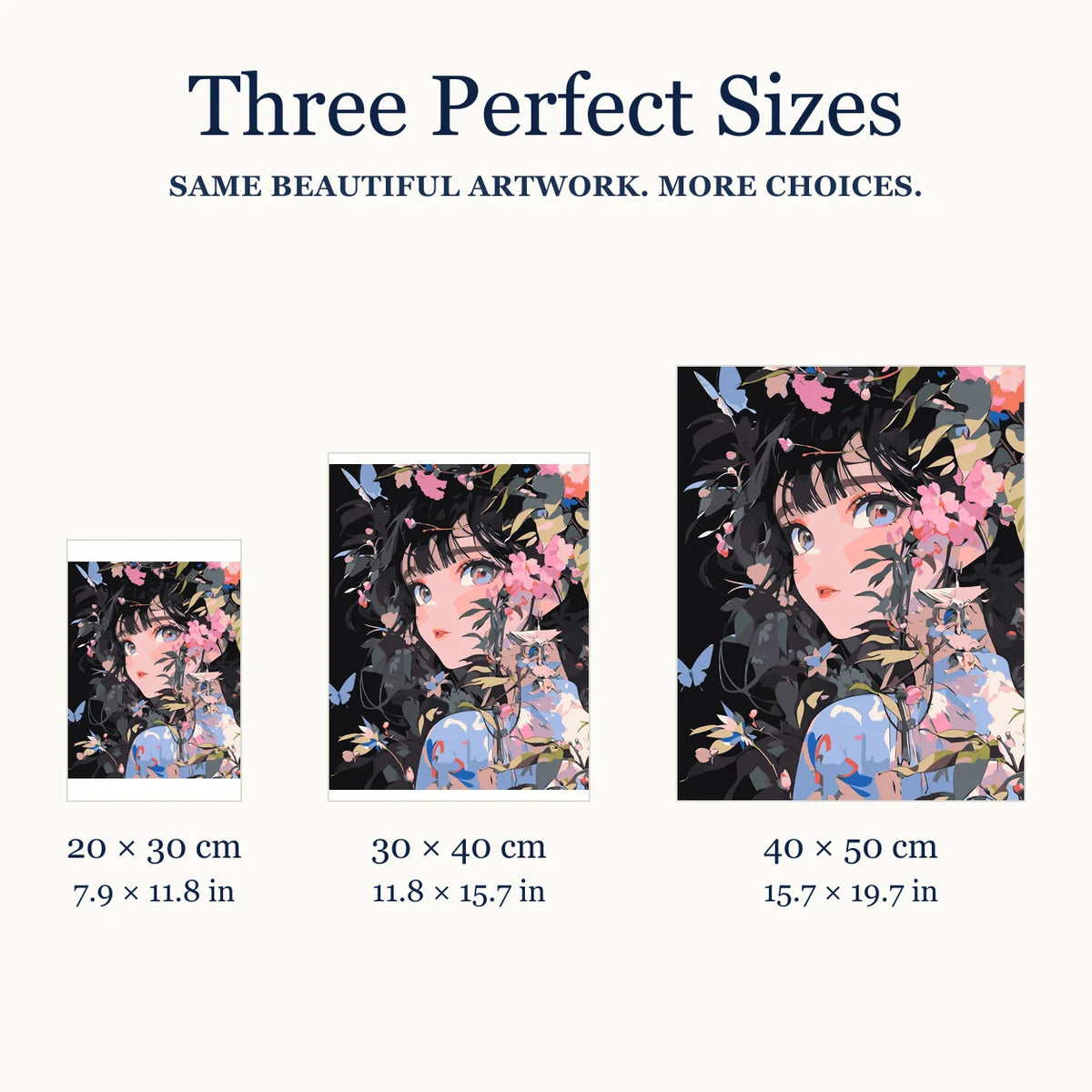 Size guide for Garden of Quiet Eyes Diamond Painting Kit: 20 × 30 cm, 30 × 40 cm, and 40 × 50 cm.