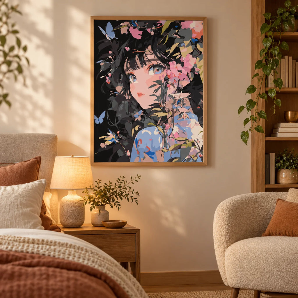Home decor scene showing garden of quiet eyes displayed on a wall.