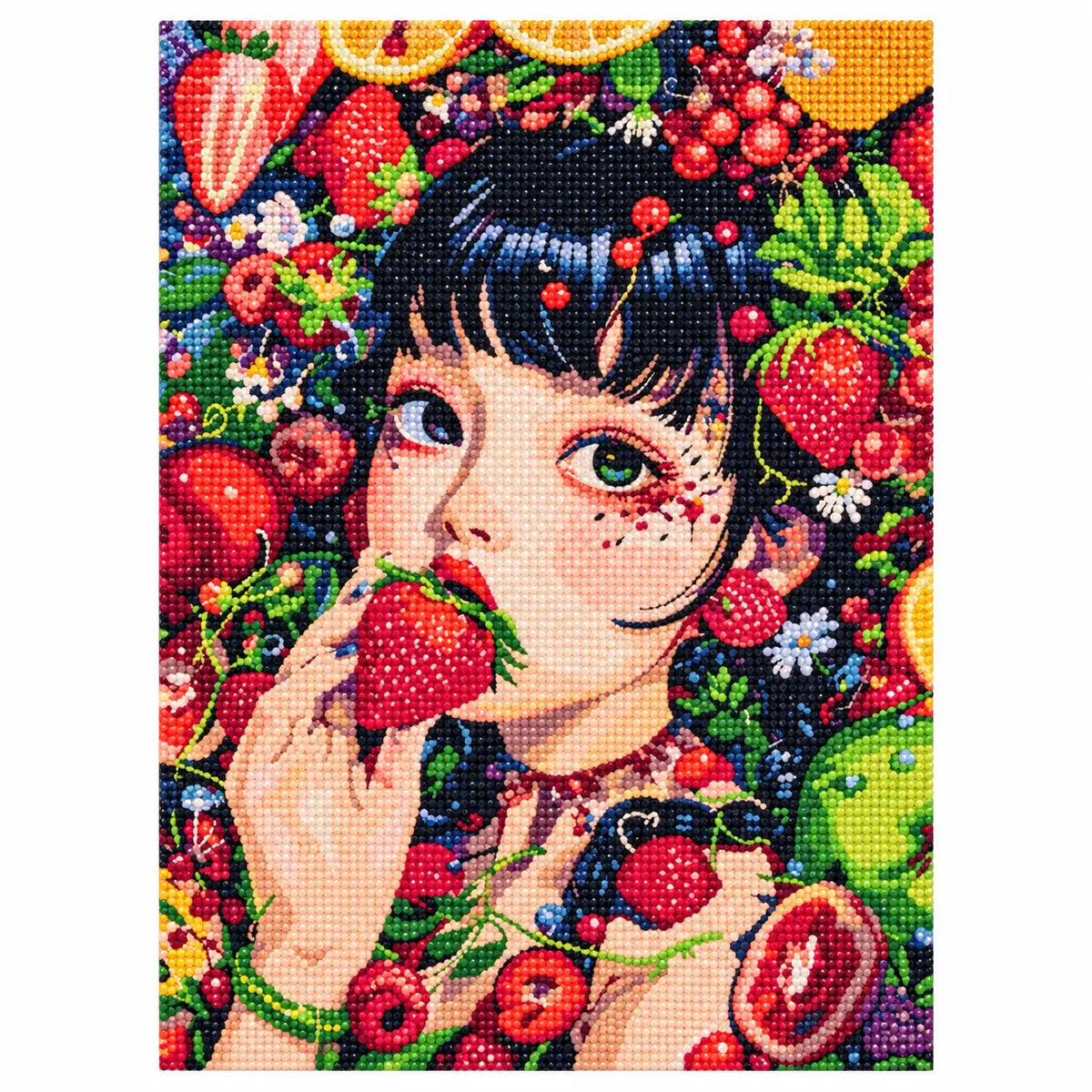 Finished diamond painting of garden of summer berries.