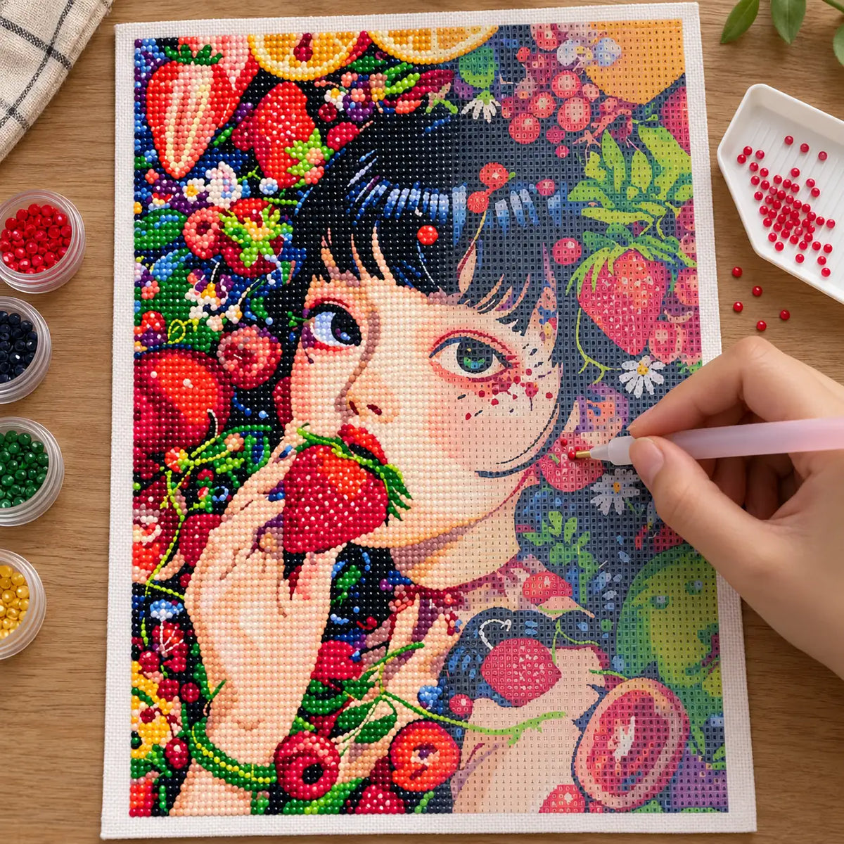 Diamond painting process for garden of summer berries.