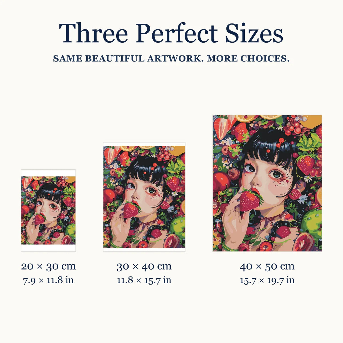 Size guide for Garden of Summer Berries Diamond Painting Kit: 20 × 30 cm, 30 × 40 cm, and 40 × 50 cm.