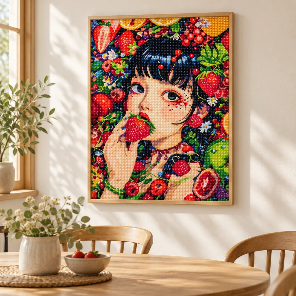 Home decor scene showing garden of summer berries displayed on a wall.
