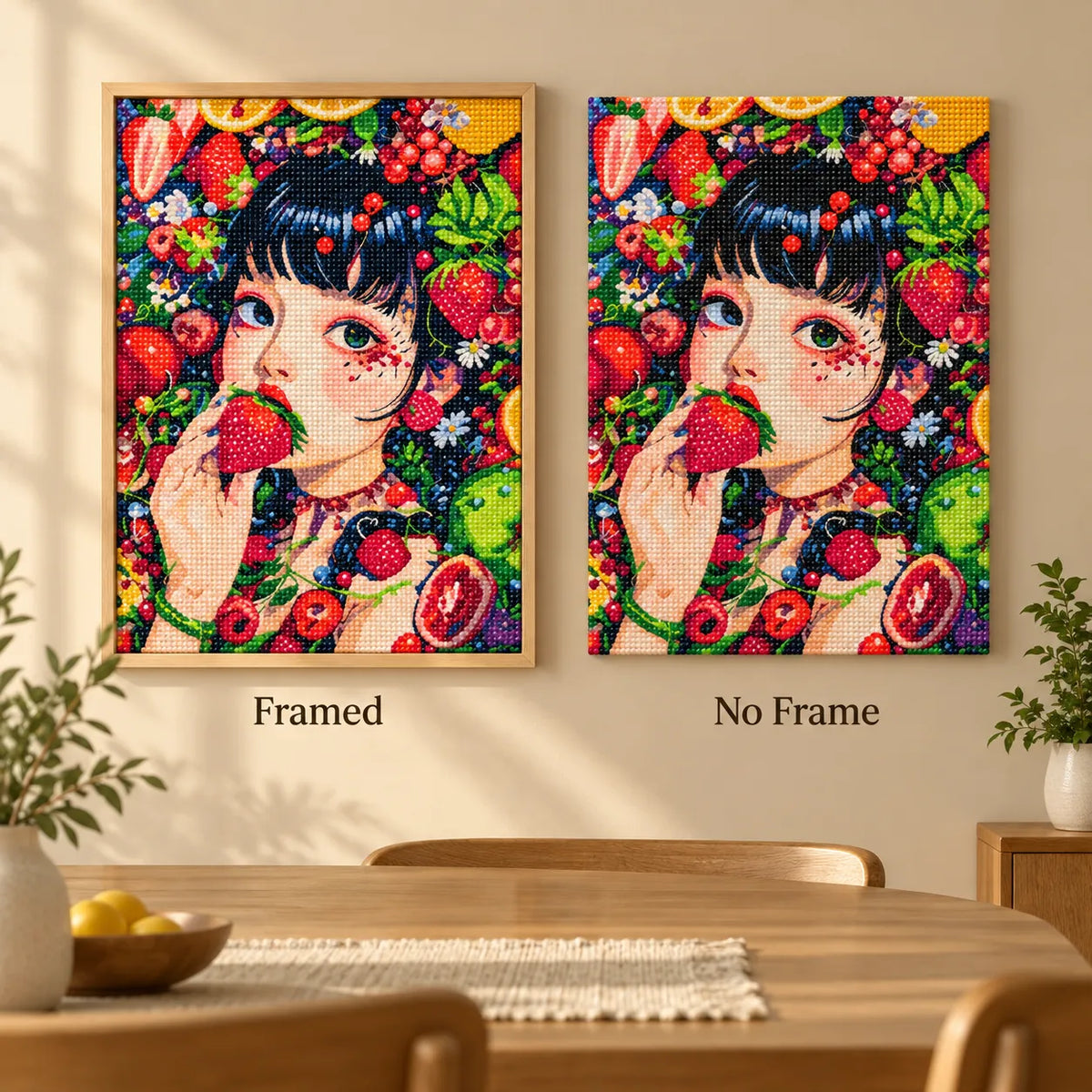 Framed and no-frame comparison for Garden of Summer Berries Diamond Painting Kit.