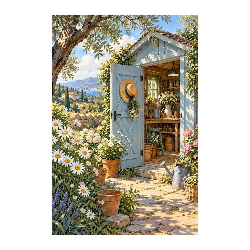 Original white-background artwork of a blue garden shed door among white daisies