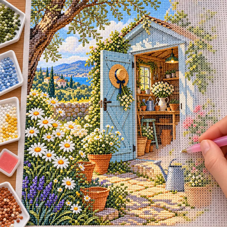 Hands placing drills on the blue shed and daisies diamond painting