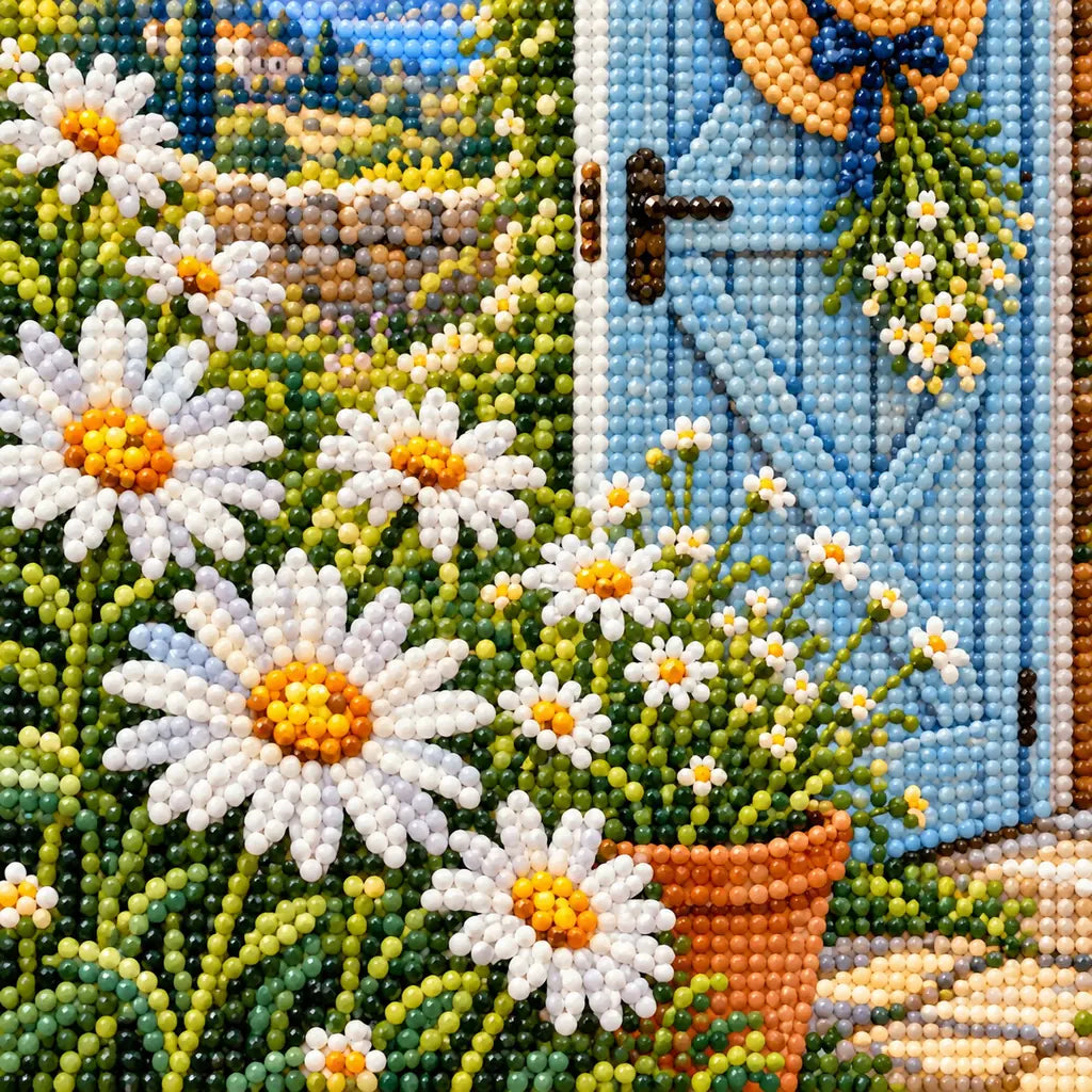 Close-up of diamond drills on white daisies and blue shed details