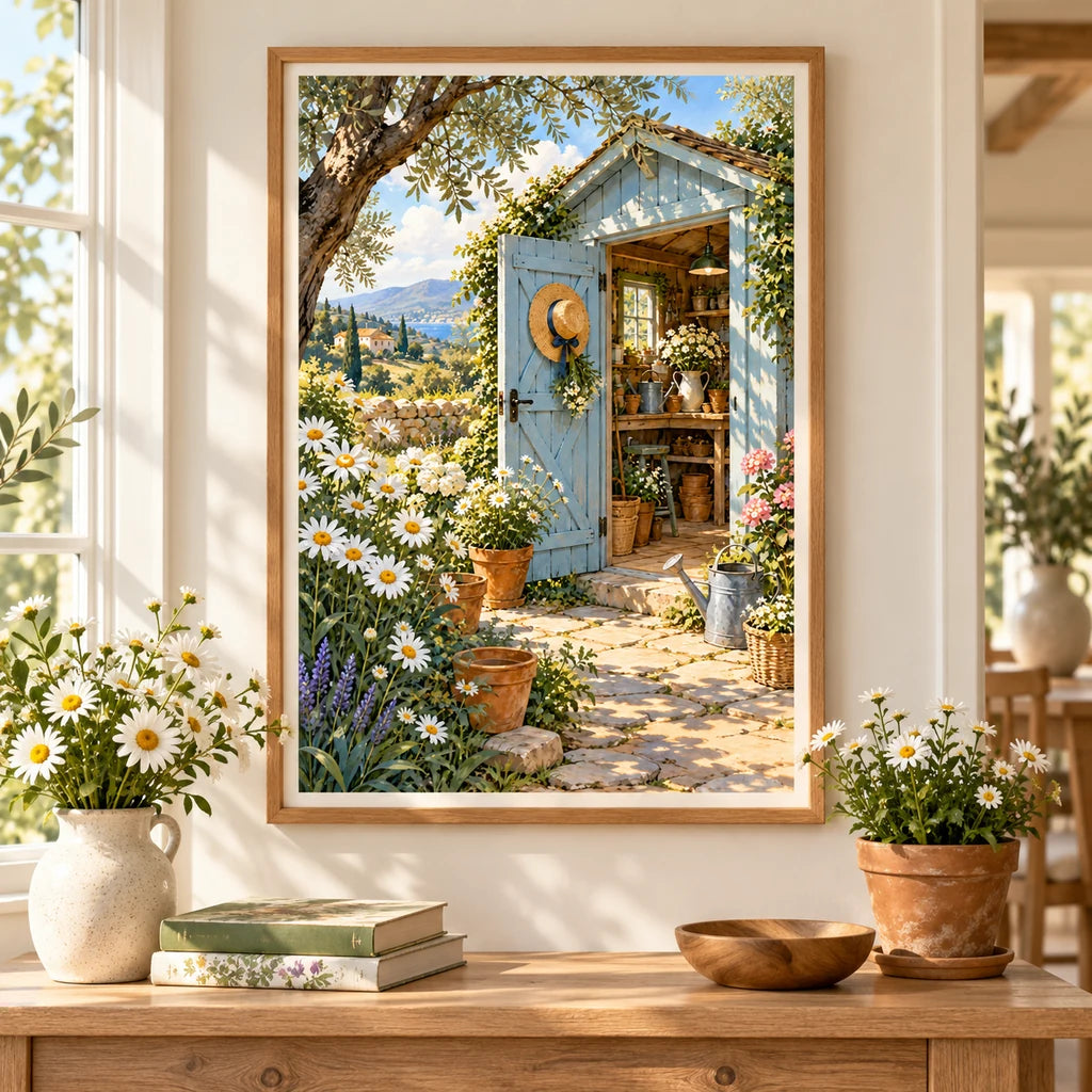 Garden shed daisies diamond painting displayed in a home interior