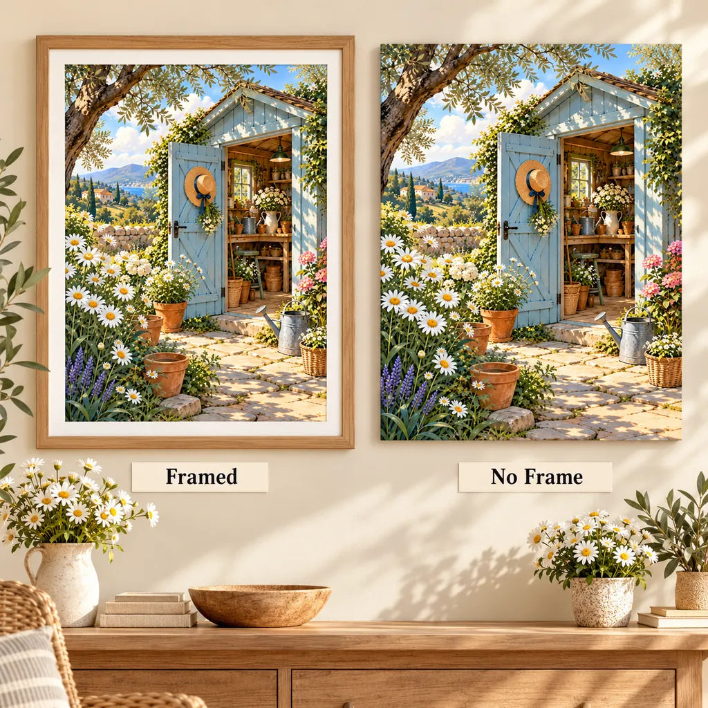 Framed and no-frame options for the garden shed daisies diamond painting