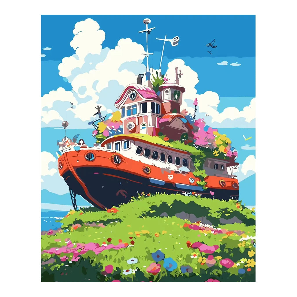 Original artwork for Garden Vessel on the Hill Diamond Painting Kit, showing a colorful boat resting on a flower-covered green hill beneath a blue sky.