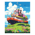 Original artwork for Garden Vessel on the Hill Diamond Painting Kit, showing a colorful boat resting on a flower-covered green hill beneath a blue sky.
