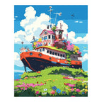 Original artwork for Garden Vessel on the Hill Diamond Painting Kit, showing a colorful boat resting on a flower-covered green hill beneath a blue sky.