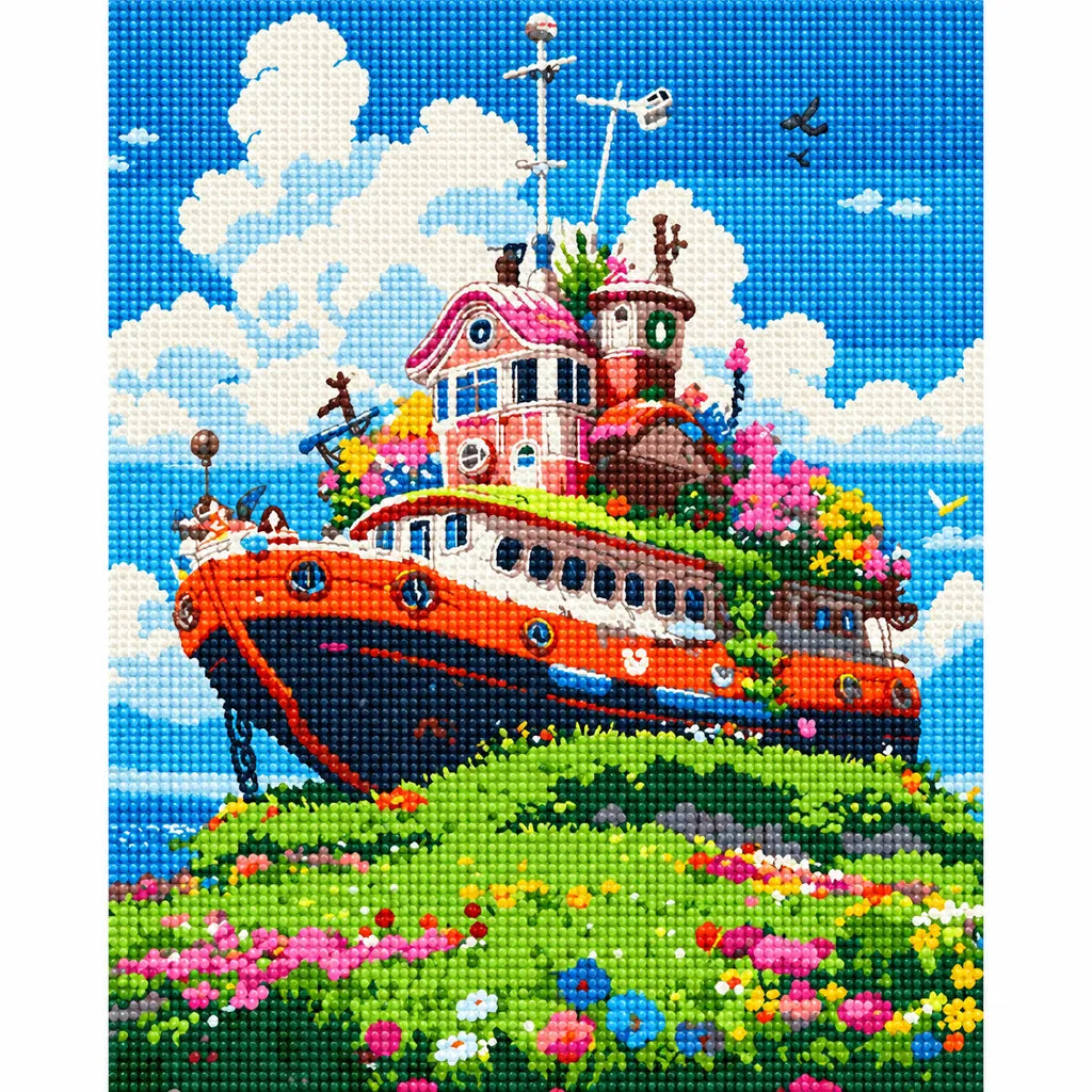 Finished diamond painting for Garden Vessel on the Hill Diamond Painting Kit, showing a colorful boat resting on a flower-covered green hill beneath a blue sky.