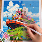 Diamond painting process for Garden Vessel on the Hill Diamond Painting Kit, with hands applying drills over a colorful boat resting on a flower-covered green hill beneath a blue sky.
