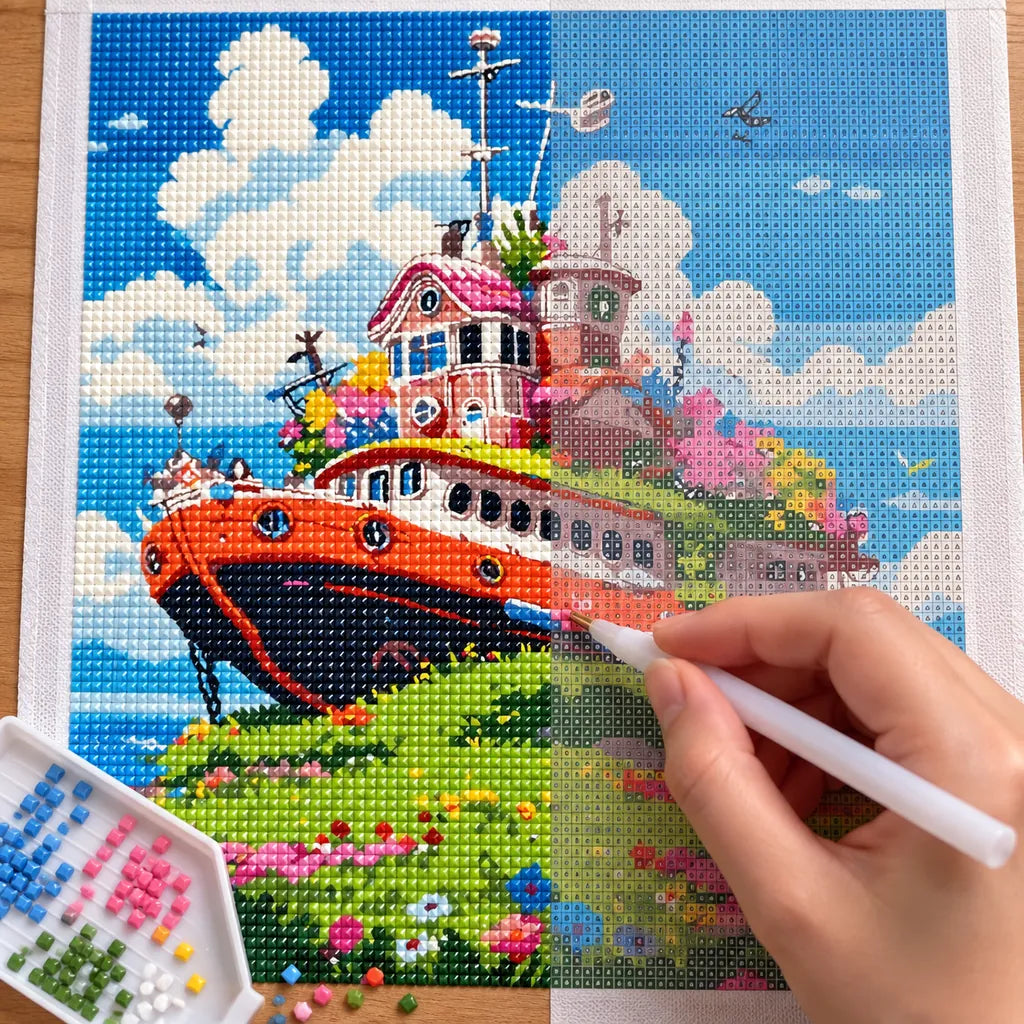Diamond painting process for Garden Vessel on the Hill Diamond Painting Kit, with hands applying drills over a colorful boat resting on a flower-covered green hill beneath a blue sky.