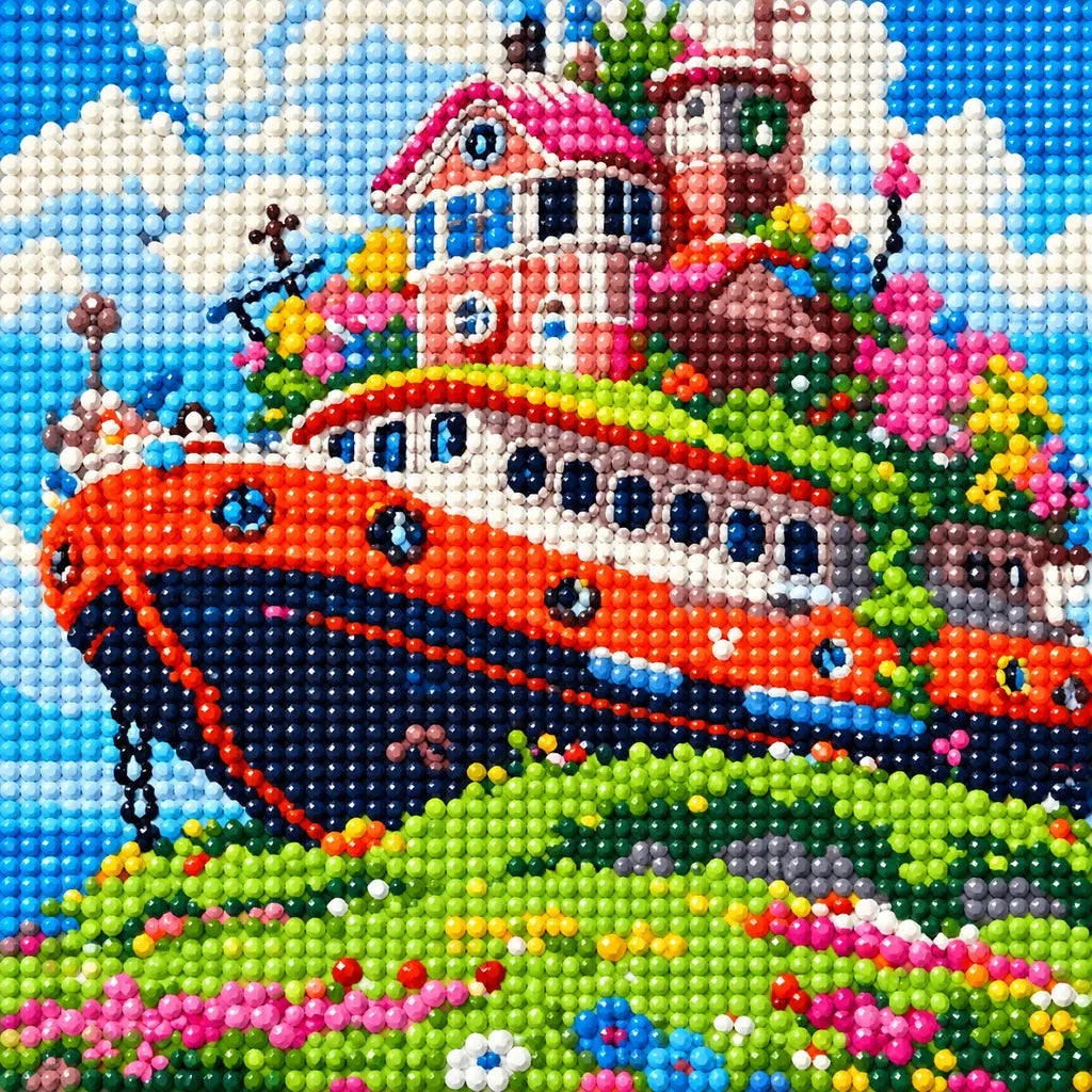 Close-up detail of drill texture across a colorful boat resting on a flower-covered green hill beneath a blue sky.