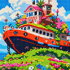 Close-up detail of drill texture across a colorful boat resting on a flower-covered green hill beneath a blue sky.