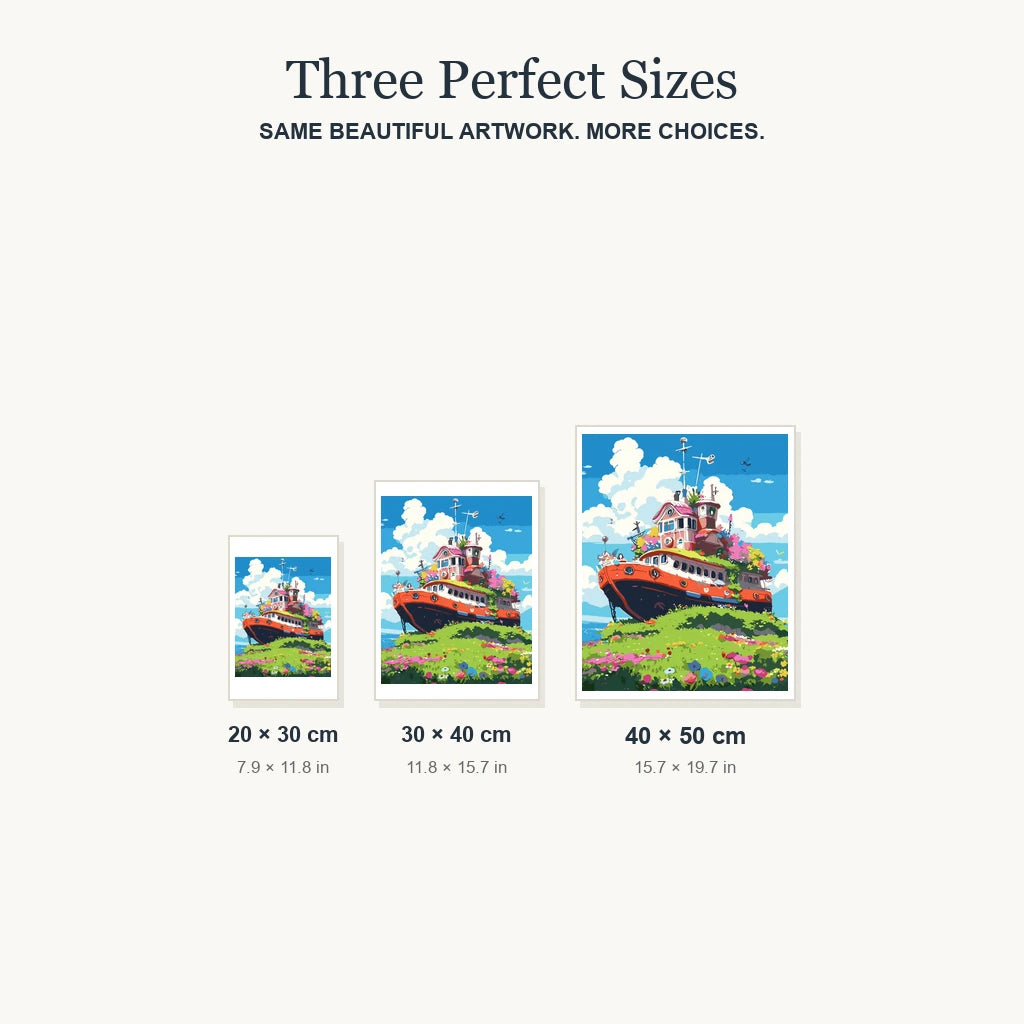 Size guide for Garden Vessel on the Hill Diamond Painting Kit: 20 × 30 cm, 30 × 40 cm and 40 × 50 cm.