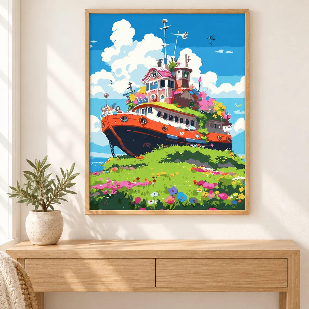 Home decor scene showing the Garden Vessel on the Hill Diamond Painting Kit artwork displayed in a room.