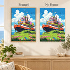 Framed and no-frame comparison for Garden Vessel on the Hill Diamond Painting Kit, showing the same colorful boat resting on a flower-covered green hill beneath a blue sky.