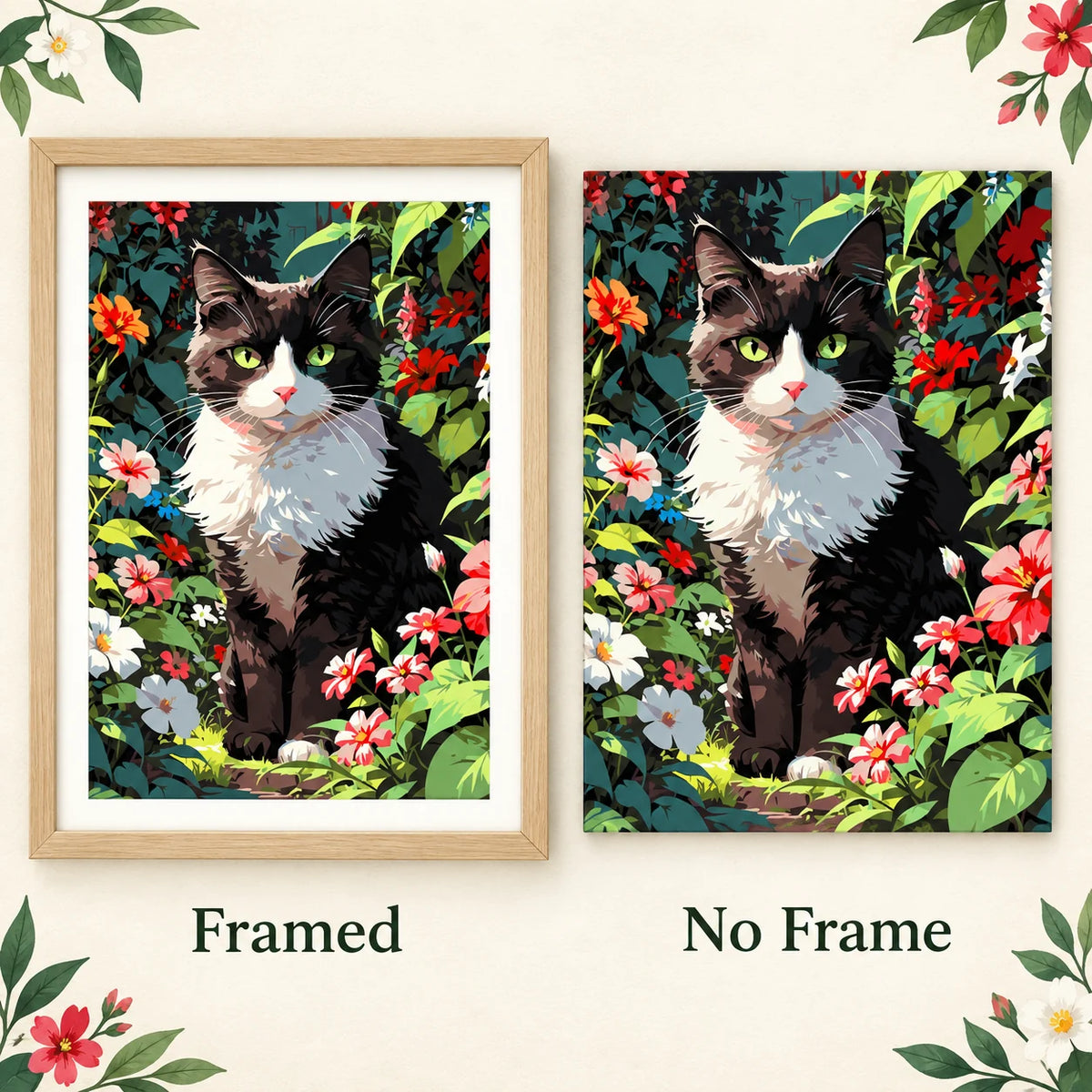 Framed and no-frame comparison for Garden Watcher Diamond Painting Kit