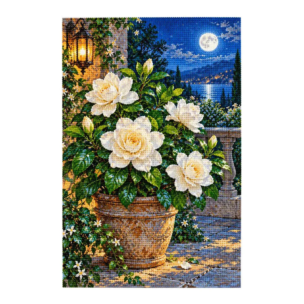 Completed diamond painting for Moonlit Gardenia Terrace Diamond Painting Kit on a white background