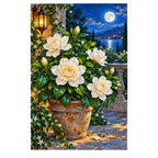 Completed diamond painting for Moonlit Gardenia Terrace Diamond Painting Kit on a white background