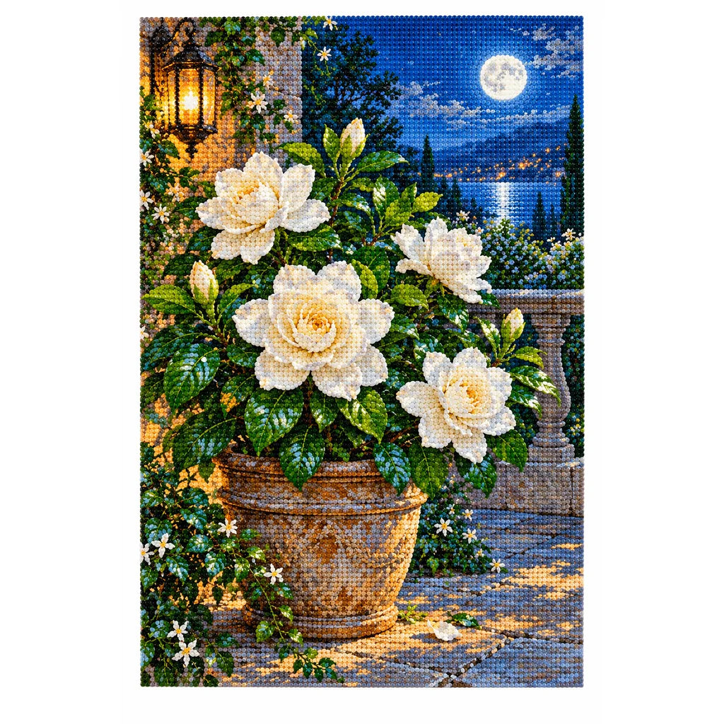 Completed diamond painting for Moonlit Gardenia Terrace Diamond Painting Kit on a white background