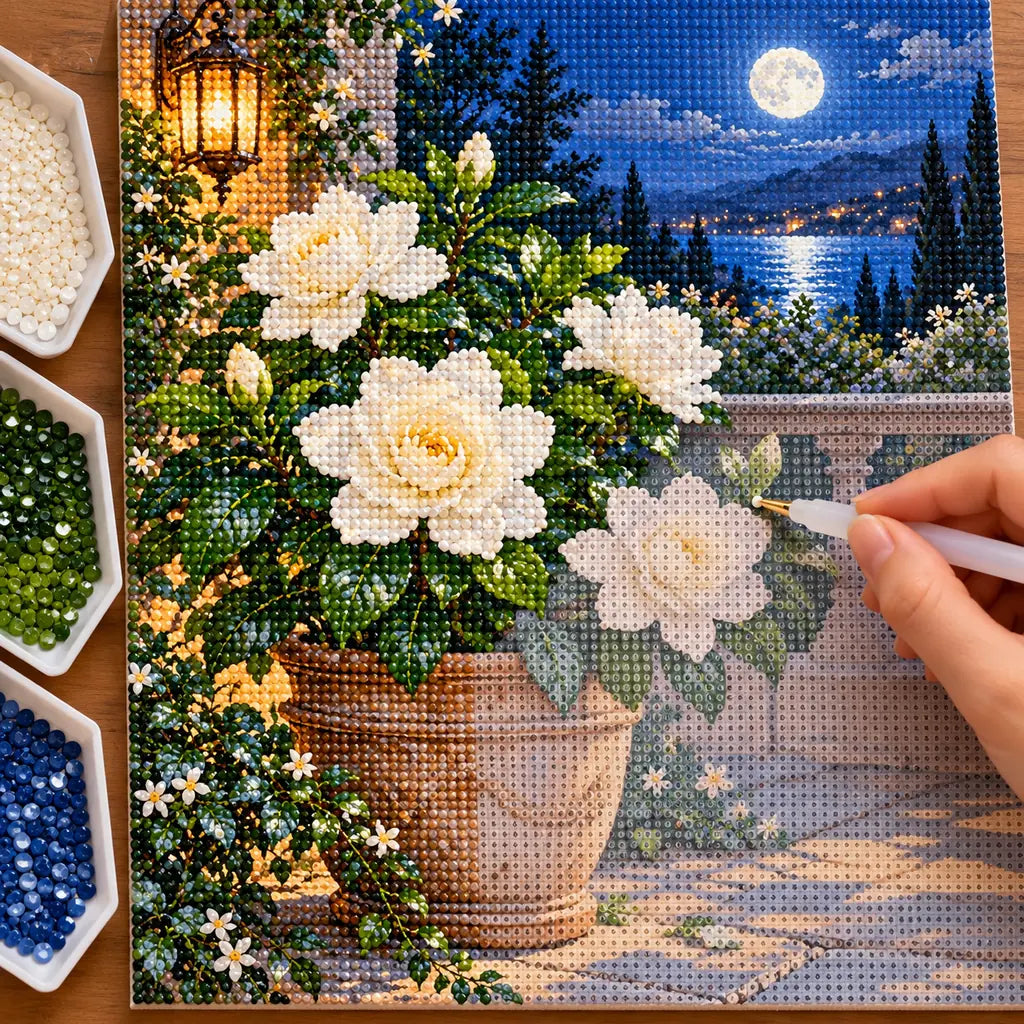 Hands-on diamond painting process for Moonlit Gardenia Terrace Diamond Painting Kit