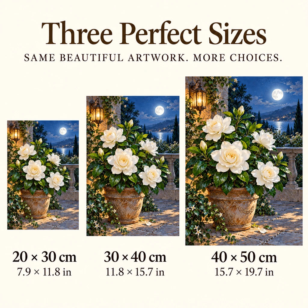 Size guide for Moonlit Gardenia Terrace Diamond Painting Kit showing 20 × 30 cm, 30 × 40 cm, and 40 × 50 cm