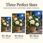 Size guide for Moonlit Gardenia Terrace Diamond Painting Kit showing 20 × 30 cm, 30 × 40 cm, and 40 × 50 cm