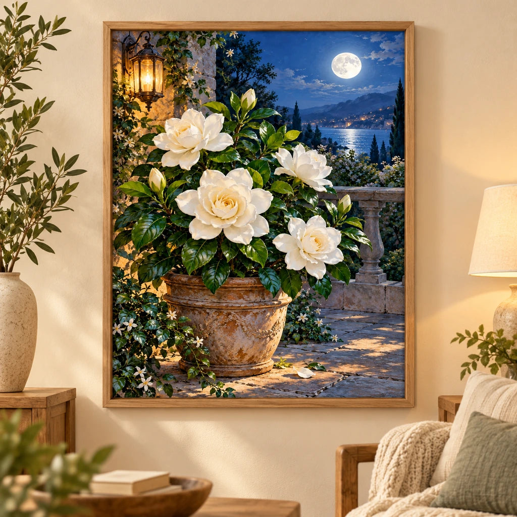 Home decor scene featuring Moonlit Gardenia Terrace Diamond Painting Kit