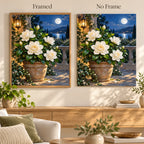 Framed and no-frame comparison for Moonlit Gardenia Terrace Diamond Painting Kit
