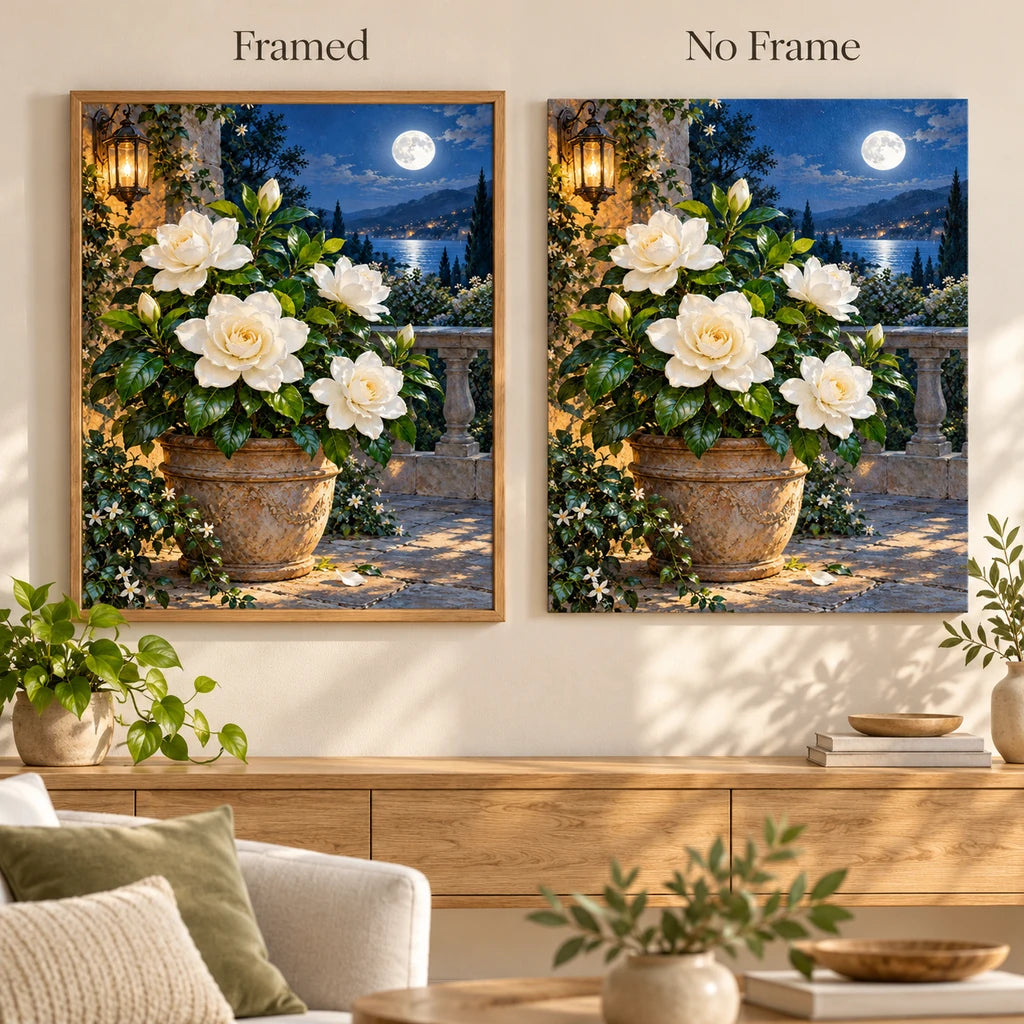 Framed and no-frame comparison for Moonlit Gardenia Terrace Diamond Painting Kit