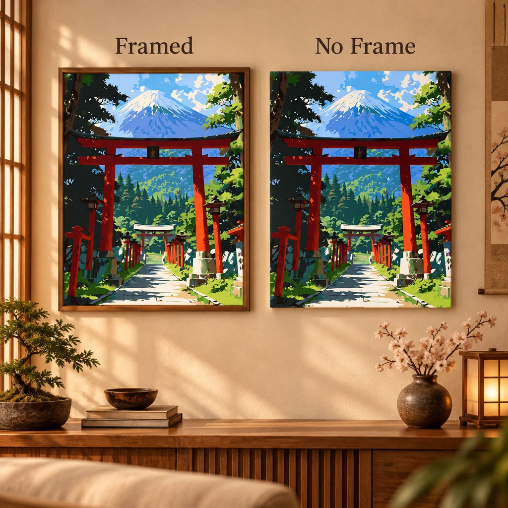 Framed and no-frame comparison for Gateways To The Sacred Peak Diamond Painting Kit
