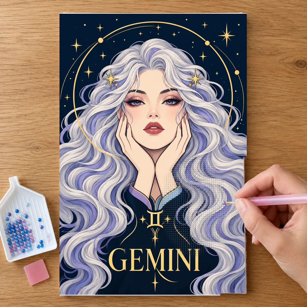 Hands placing drills on the Gemini Twin Star Messenger diamond painting canvas
