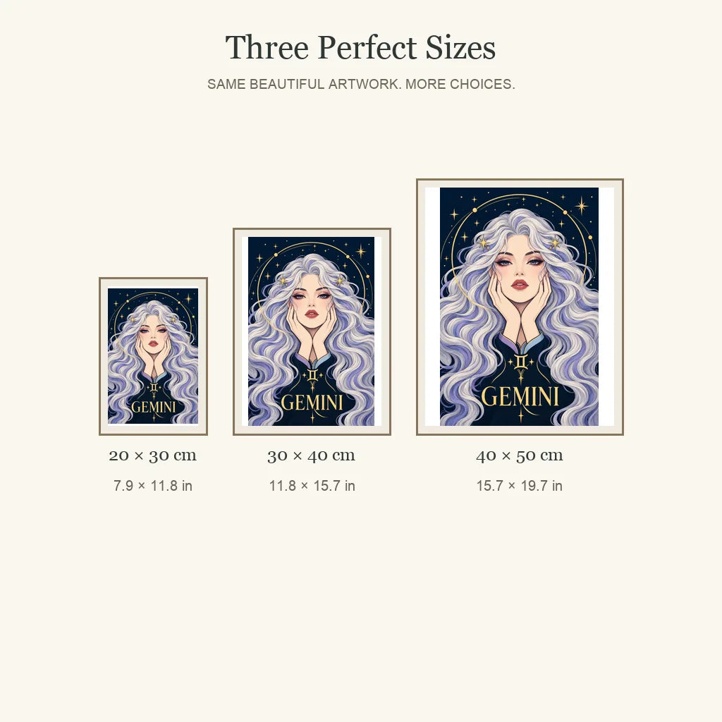 Gemini Twin Star Messenger diamond painting in 20 by 30, 30 by 40, and 40 by 50 centimeter sizes