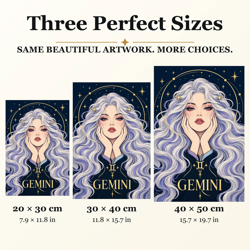Gemini Twin Star Messenger diamond painting in 20 by 30, 30 by 40, and 40 by 50 centimeter sizes