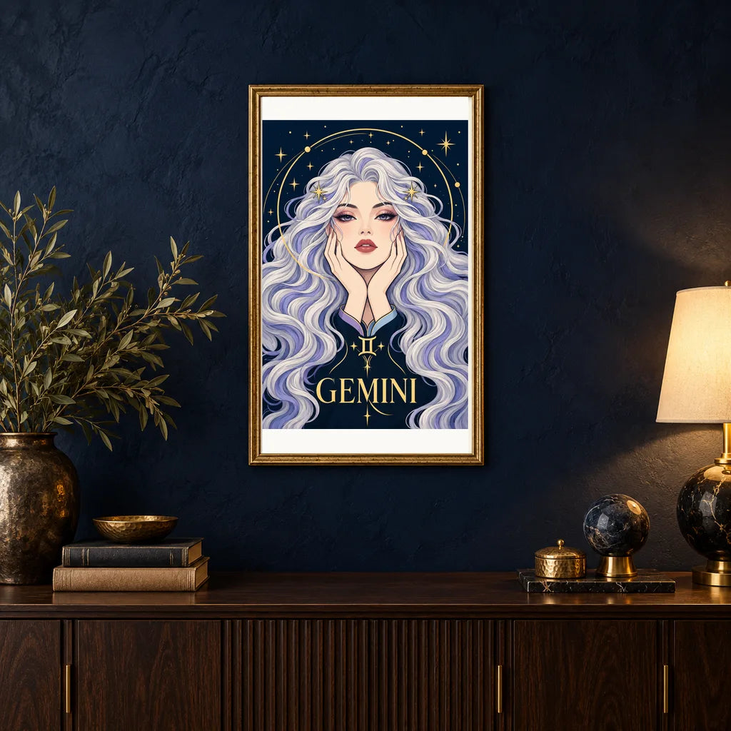 Framed Gemini Twin Star Messenger diamond painting displayed in a home interior
