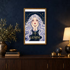 Framed Gemini Twin Star Messenger diamond painting displayed in a home interior